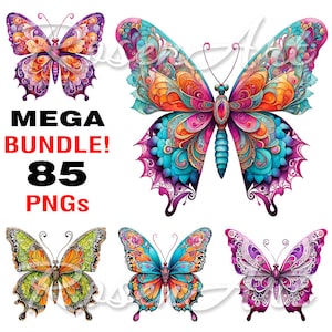 Bunte Aquarell Schmetterlinge Cliparts transparente PNG-Bundle, sofortiger digitaler Download Bilder, Tier Insekt druckbare Sublimationsdesign