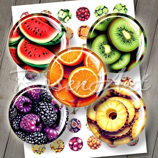 Fruits 1 inch circles for pendants instant download cabochon printable round 1" bottle cap images 30mm 25mm 1.25" 1.5" Digital Collage Sheet