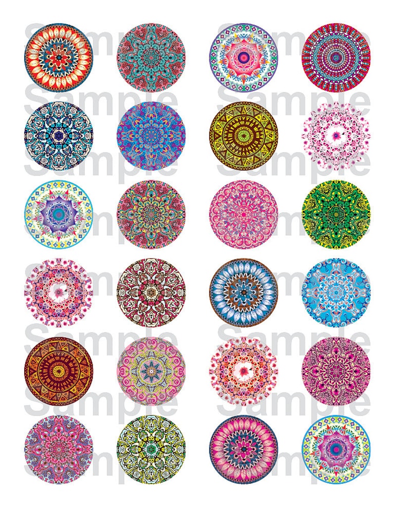 Może przedstawiać: Dwudzieścia kolorowych wzor&oacute;w mandali w kształcie koła. Każda mandala ma unikalny wz&oacute;r i schemat kolor&oacute;w. Mandalas są ułożone w cztery rzędy po pięć.