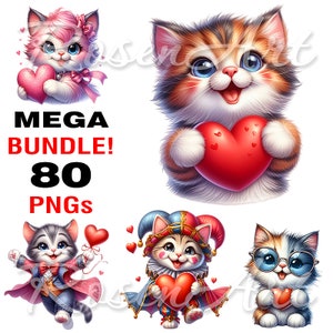 Lot de cliparts chatons et chats de la Saint-Valentin PNG transparents image premade dessin animé sublimation design dtf téléchargement numérique instantané