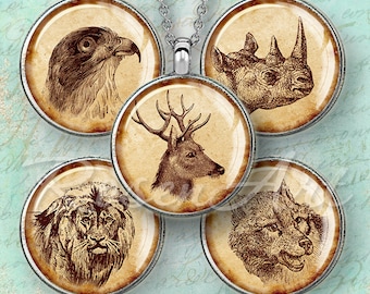 Vintage Animals 1 inch round Digital Collage Sheet wolf 1" bottle cap images 25 30mm 1.25" 1.5" deer printable circles bear download pendant