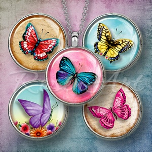 Butterflies 1 inch circles Digital Collage Sheet 1&quot; bottle cap images for pendants 30mm, 25mm, 1.25&quot;, 1.5&quot; round printable download cabochon