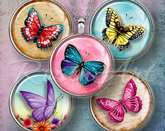 Butterflies 1 inch circles Digital Collage Sheet 1" bottle cap images for pendants 30mm, 25mm, 1.25", 1.5" round printable download cabochon