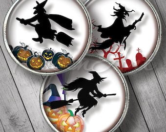 Bruja 3D 1" imágenes de tapas de botella Halloween encanto arte 1 pulgada redonda Collage digital Hoja 25 mm 30 mm 1.25 "1.5" círculos imprimibles descargar cabujón