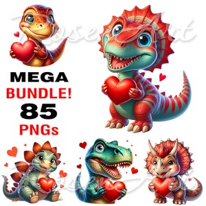 Cute Valentine Dinos Clipart transparent PNG Bundle watercolor printable sublimation design instant digital download images dtf cartoon pack