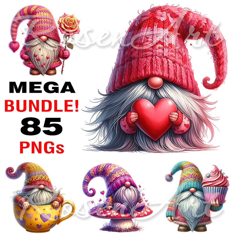 Cute Valentine Gnomes Clipart transparent PNG Bundle, funny watercolor printable sublimation design instant digital download images dtf pack
