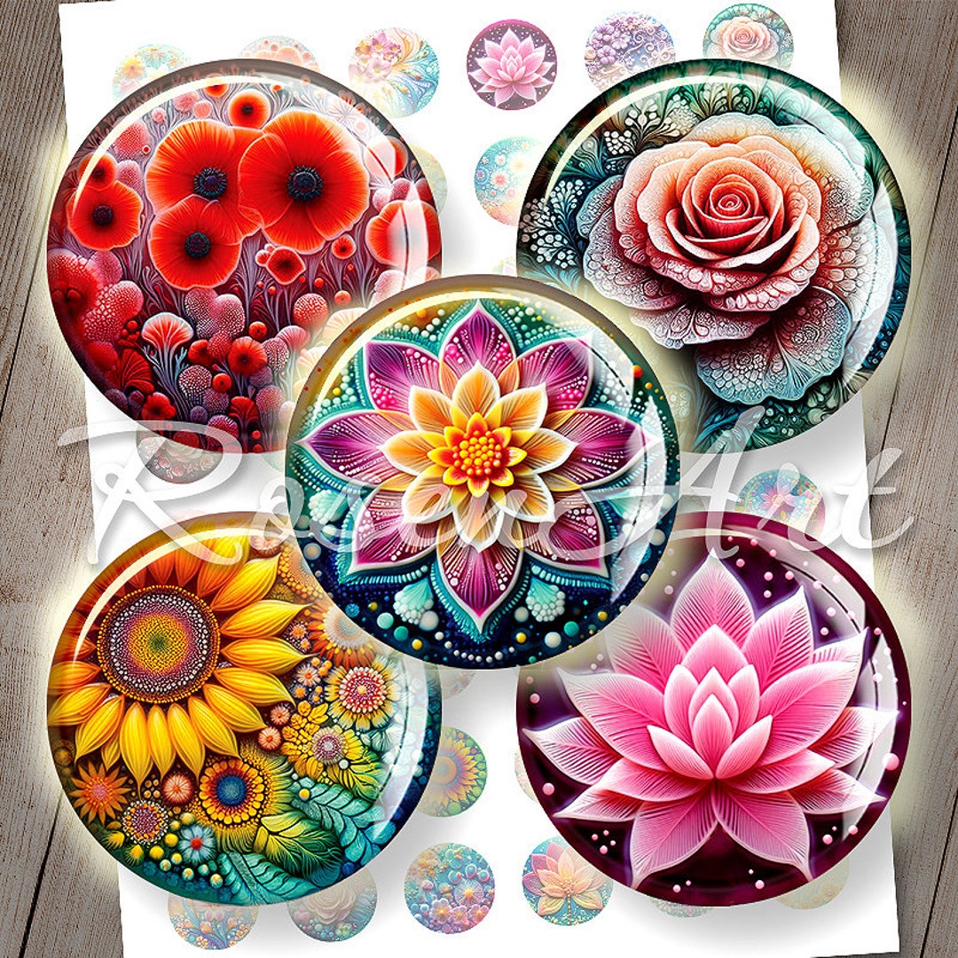 Round Collag Floral Art Round Digital Collage Sheet 20mm, 18mm 16mm, 14mm 12mm ...