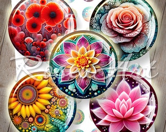 Floral Art round digital collage sheet 20mm, 18mm 16mm, 14mm 12mm printable circles instant download cabochon bottle cap images for earrings