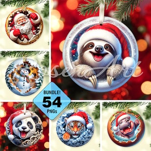 Paquete de adornos navideños 3D imprimibles, animales de Santa rompen a través de imágenes prediseñadas PNG de sublimación redonda, imágenes circulares de descarga digital instantánea