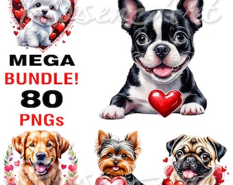 Valentine Dogs & Puppies Clipart transparent PNG Bundle instant digital download images printable sublimation design DIY junk journal animal