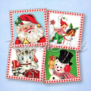 May include: Four vintage Christmas-themed illustrations with red star borders. The illustrations feature Santa Claus, a child on a rocking horse, a cat with a gift, and a snowman holding a bird.