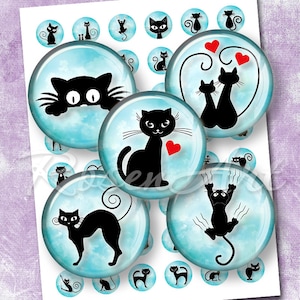 Schattige zwarte kat 1" fles dop beelden kitten 1 inch cirkels digitale collage blad cabochon 25 30mm 1,25" 1,5" ronde afdrukbare download hanger