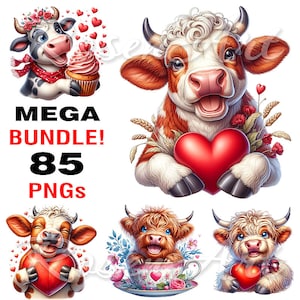 Cute Valentine Cows Clipart transparent PNG Bundle watercolor printable sublimation design funny farm animal instant download digital images