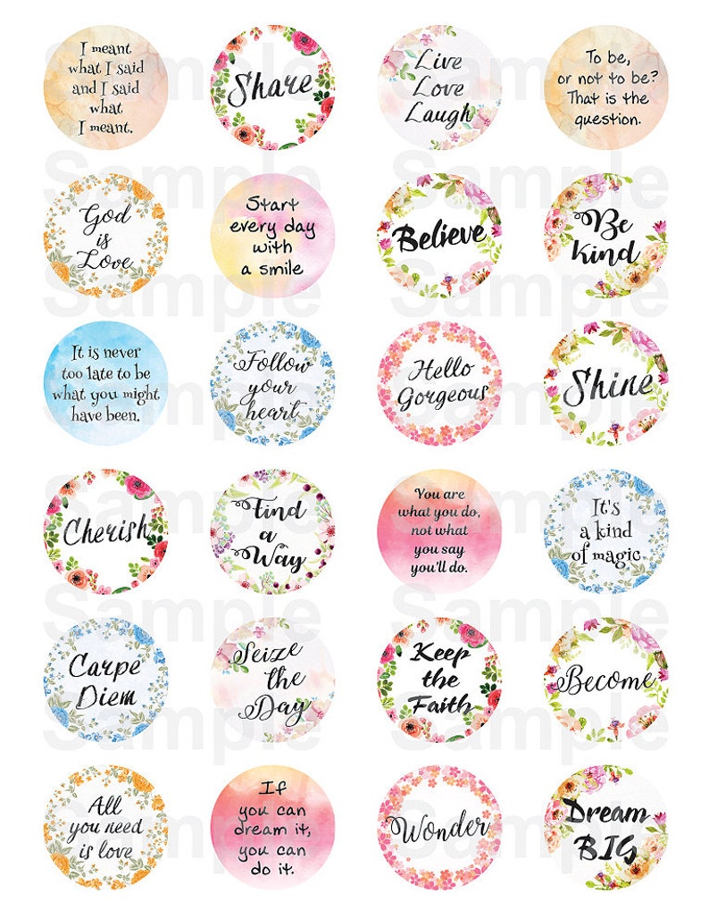 Op de afbeelding: Een set van 16 ronde, met bloemen geprinte stickers met inspirerende citaten. Elke sticker heeft een aquarel-achtig bloemenontwerp op een witte achtergrond en een zwart citaat in het midden. De citaten zijn: "Delen", "Leven Liefde Lachen", "Zijn of niet zijn? Dat is de vraag.", "Wees aardig", "God is liefde", "Begin elke dag met een glimlach", "Geloven", "Het is nooit te laat om te zijn wat je had kunnen zijn.", "Volg je hart", "Hallo prachtig", "Stralen", "Koesteren", "Vind een weg", "Je bent wat je doet, niet wat je zegt dat je zult doen.", "Het is een soort magie", "Geniet van het leven", "Grijp de dag", "Houd het geloof", "Worden", "Alles wat je nodig hebt is liefde", "Als je het kunt dromen, kun je het doen.", "Wonder", en "Droom groot".