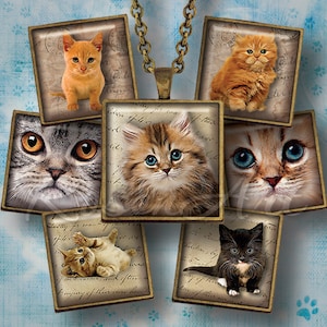 Kittens & Cats 1&quot; square images for pendants 1x1 inch digital collage sheet print 1.5&quot; 7/8&quot; Scrabble tiles charm printable download cabochon