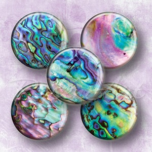May include: Five round iridescent abalone shell cabochons with a variety of patterns and colors, including blue, green, purple, and gold.