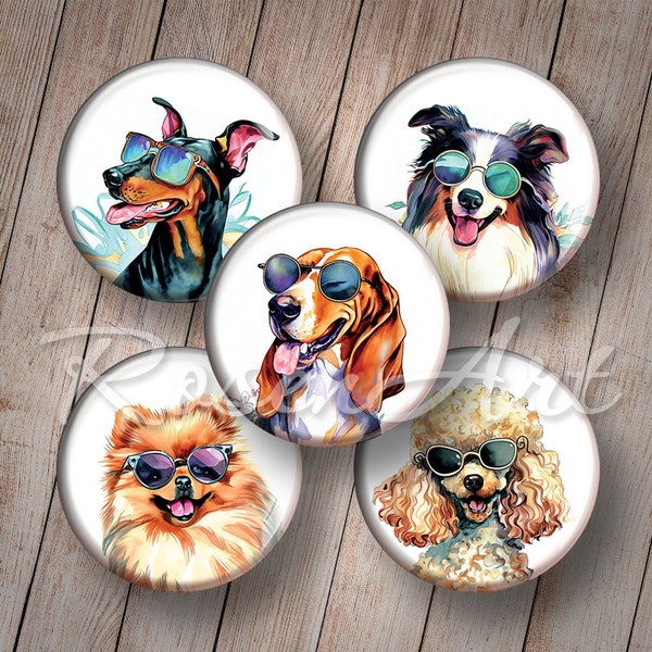 Cool Dogs feuille de collage numérique 20mm 18mm 16mm 14mm 12mm télécharger cabochon rond cercles imprimables images drôles de bouchon de bouteille pour pendentif de charme