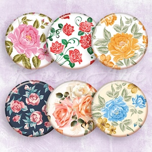 Elegant Flowers 1&quot; bottle cap images rose 1 inch circles 30mm 25mm 1.25&quot; 1.5&quot; floral Digital Collage Sheet cabochon download printable round