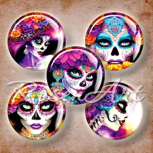 La Catrina Dia de los Muertos 1&quot; circles bottle cap images 30mm 25mm 1.25&quot;, 1.5&quot; printable download cabochon Halloween Digital Collage Sheet
