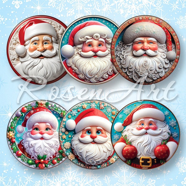 3D Santa Claus 1" bottle cap images Christmas Digital Collage Sheet, 1 inch round download cabochon 25mm, 30mm 1.25", 1.5" circles printable