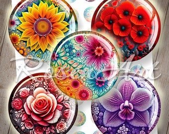 Floral Art 1 inch circles, 30mm, 25mm, 1.25", 1.5" round printable download cabochon Digital Collage Sheet 1" bottle cap images for pendants