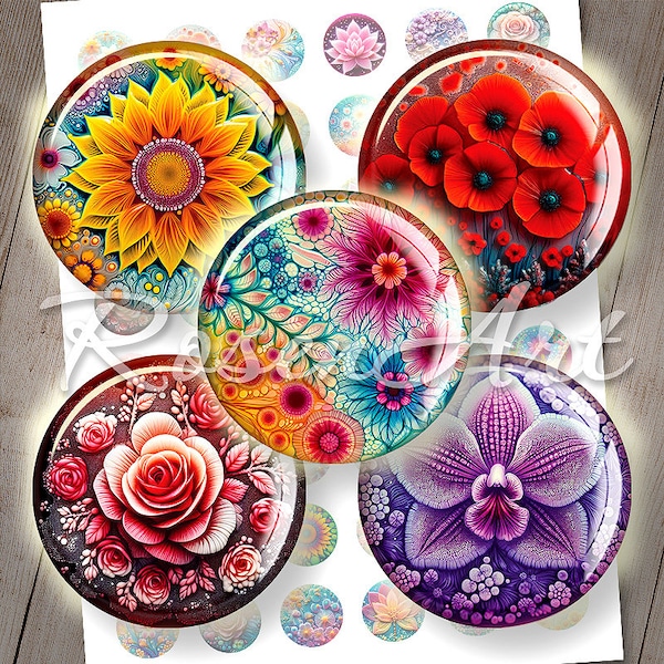 Floral Art 1 inch circles, 30mm, 25mm, 1.25", 1.5" round printable download cabochon Digital Collage Sheet 1" bottle cap images for pendants