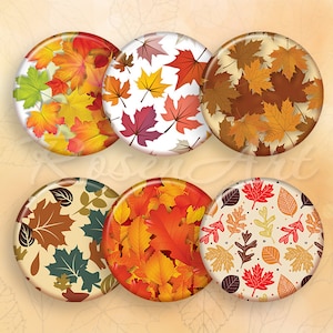 Puede incluir: Seis botones redondos, coloridos, con temática otoñal con diferentes patrones de hojas de otoño. Los botones presentan varios tonos de rojo, naranja, amarillo, marrón y verde.