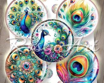 May include: A set of 12 round, colorful, peacock-themed, decorative, glass cabochons. The cabochons feature peacocks with vibrant blue, green, and gold feathers.