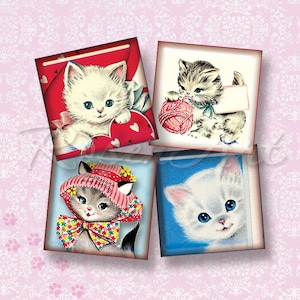 Retro Kittens & Cats 1&quot; square images Digital Collage Sheet 1x1 inch 1.5&quot;, 7/8&quot;, Scrabble tiles pendants printable download cabochon inchies