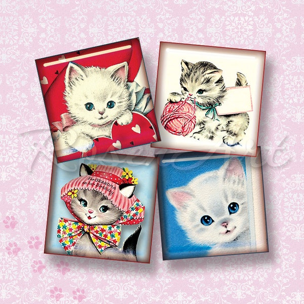 Retro Kittens & Cats 1" square images Digital Collage Sheet 1x1 inch 1.5", 7/8", Scrabble tiles pendants printable download cabochon inchies