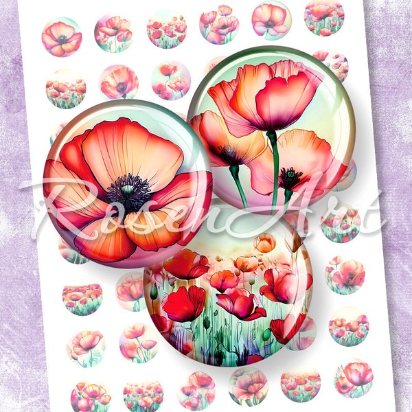 Red Poppies round bottle cap images for pendants charm 20mm 18mm 16mm 14mm 12mm Digital Collage Sheet circle printable download cabochon art