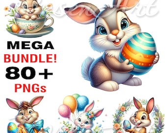 Joli clipart lapin de Pâques PNG transparents Bundle lapin aquarelle sublimation imprimable téléchargement images dessin animé pack