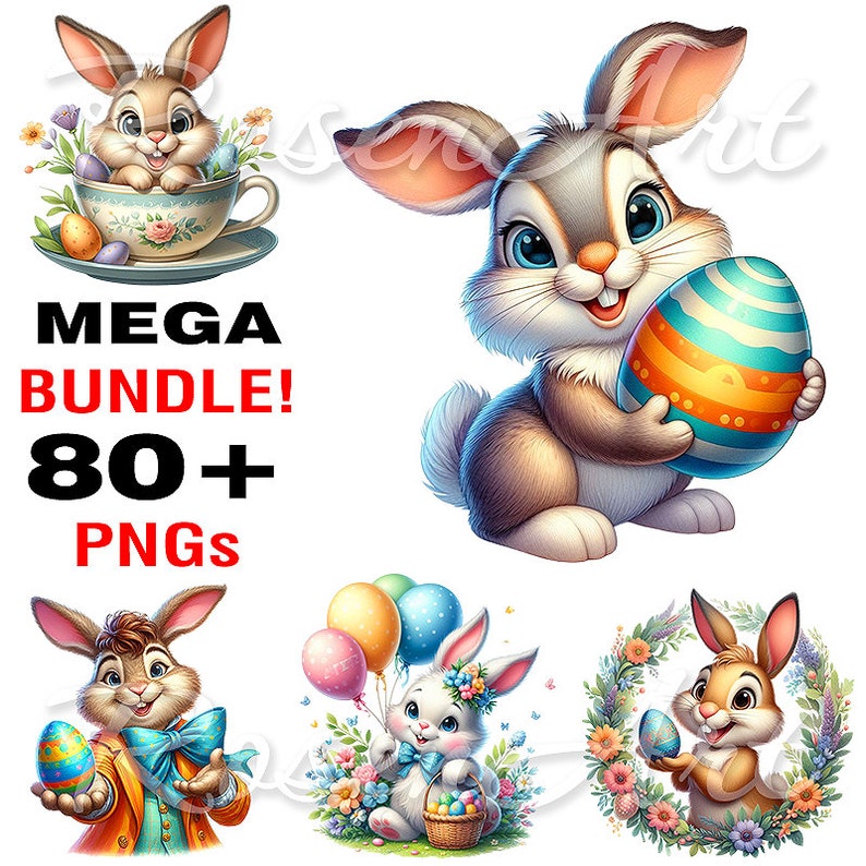 Cute Easter Bunny Clipart Transparent PNG Bundle Rabbit Watercolor ...