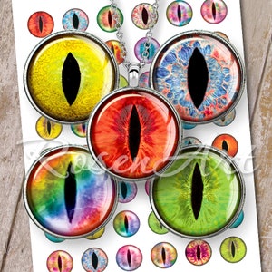 Dragon Eyes bottle cap images cat iris 1 inch circles 25mm, 30mm 1.25&quot;, 1.5&quot; round Digital Collage Sheet printable download cabochon pendant