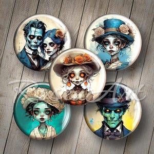 Victorian Zombies 1 inch bottle cap images Halloween digital collage sheet round 25mm, 30mm, 1.25&quot;, 1.5&quot; circles printable download cabochon