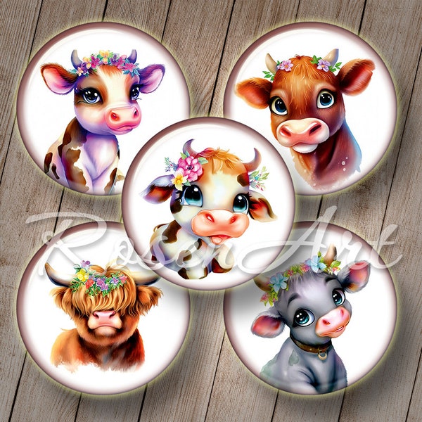 Cute Cows 1 inch circles, 1" bottle cap images 1.5", 1.25" 30mm 25mm instant download printable round digital collage sheet cabochon jewelry