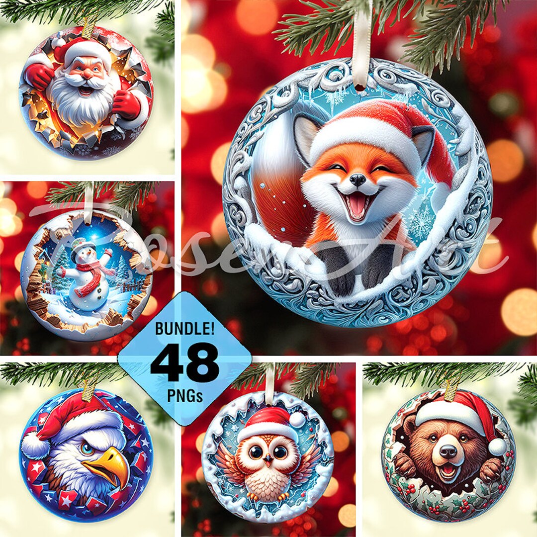 Printable 3D Christmas Ornaments Bundle, Santa Animals Break Through ...