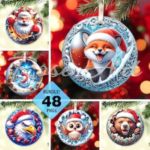 Bundle imprimable de décorations de Noël 3D, animaux du père Noël percer rond sublimation PNG, images de cercle de téléchargement numérique instantané, cliparts
