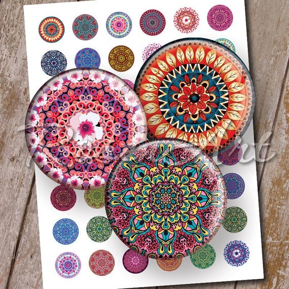 Mandala Digital Collage Sheet download cabochon 1 inch circle kaleidoscope 1" bottle cap images 25mm 30mm 1.25" 1.5" round printable pendant