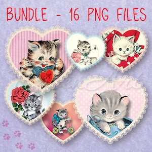 Chatons et chats rétro téléchargement numérique toppers Junk Journal Scrapbook DIY éléments graphiques imprimables PNG conçoit des images clipart de la Saint-Valentin