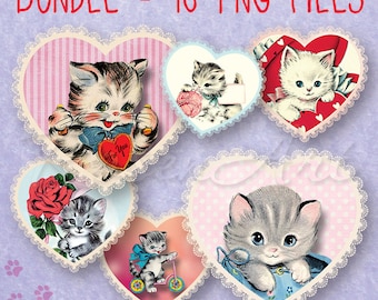 Retro Kittens & Cats Download Digital toppers junk journal DIY scrapbook printable graphics elements PNG designs Valentine clip art images