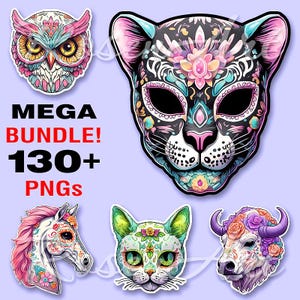Cliparts de animais de caveira de açúcar, pacote PNG transparente, imagens de download digital instantâneo, design de sublimação para impressão de Halloween, pacote dtf pré-fabricado