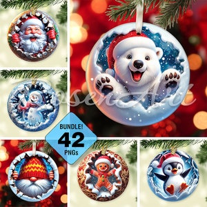 Pacchetto di ornamenti natalizi 3D stampabili, PNG sublimazione rotonda Break Through, download digitale istantaneo, immagini di cerchi di Babbo Natale, clipart
