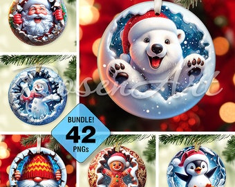 Printable 3D Christmas Ornaments Bundle, Break Through round sublimation PNG, Instant Digital Download, Santa Claus circle images, cliparts