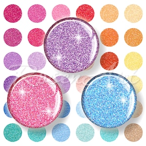 Könnte beinhalten: Ein Set mit 36 runden digitalen Glitzer-Papiertexturen in verschiedenen Farben, darunter Pink, Lila, Blau, Orange und Gelb. Die Texturen sind perfekt zum Erstellen digitaler Scrapbook-Seiten, Hintergründe und anderer digitaler Bastelarbeiten.