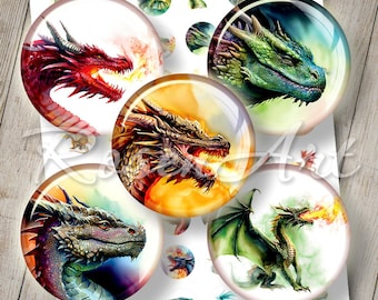 Dragons bottlecap images for pendants charm round Digital Collage Sheet instant download cabochon 20mm 18mm 16mm 14mm 12mm printable circles