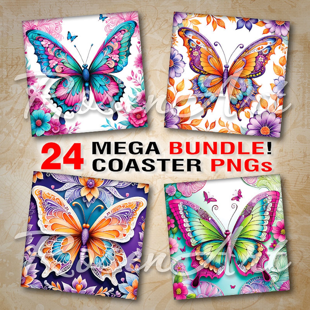 Watercolor Butterfly Digital Images for Coasters, PNG Bundle 4x4 Inch ...
