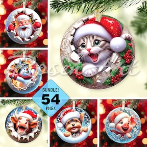 Printable 3D Christmas Ornaments Bundle, Santa Animals Break Through round sublimation PNG circle images, Instant Digital Download cliparts