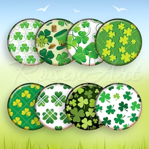 May include: Eight round green and white patterned paper circles with shamrock designs. Some circles have a green background with white shamrocks, while others have a white background with green shamrocks. Some circles have a green background with gold coins and a leprechaun hat.
