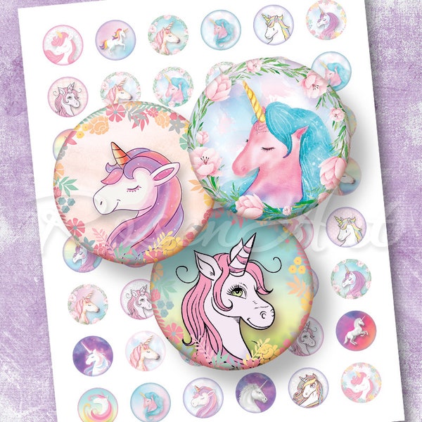 Unicorns Digital Collage Sheet round 20mm 18mm 16mm 14mm 12mm rainbow bottle cap images for pendant download cabochon charm printable circle